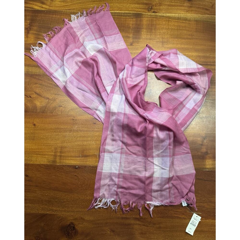 Talbots Pink Plaid 100% Wool Fringe Hem Scarf (14” x 69”)